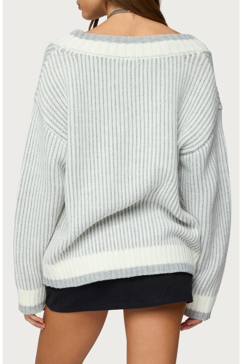 Lila Oversize Stripe Trim V-Neck Cable Sweater, Alternate, color, GRAY-MELANGE