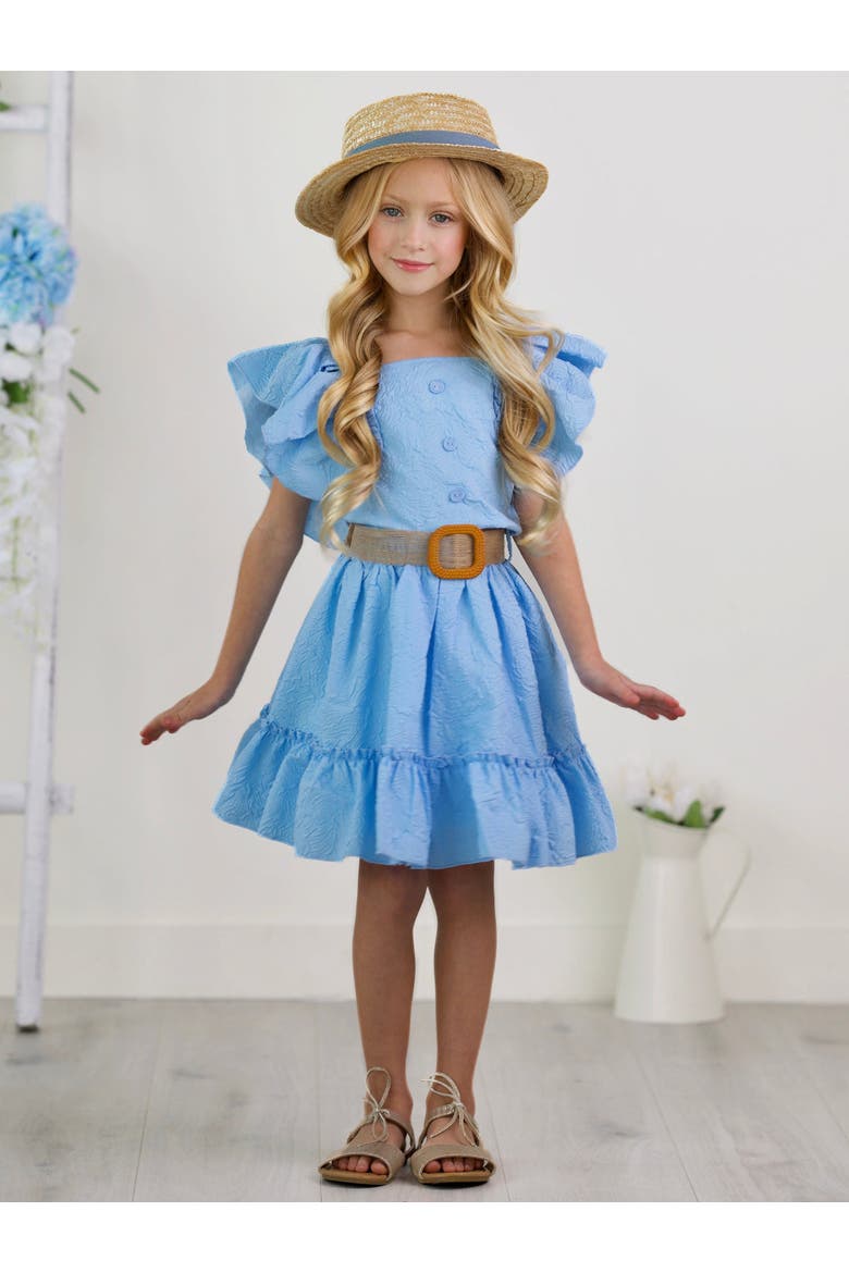 Girls Ruffle Sleeve Belted Skirt Set, Alternate, color, Blue