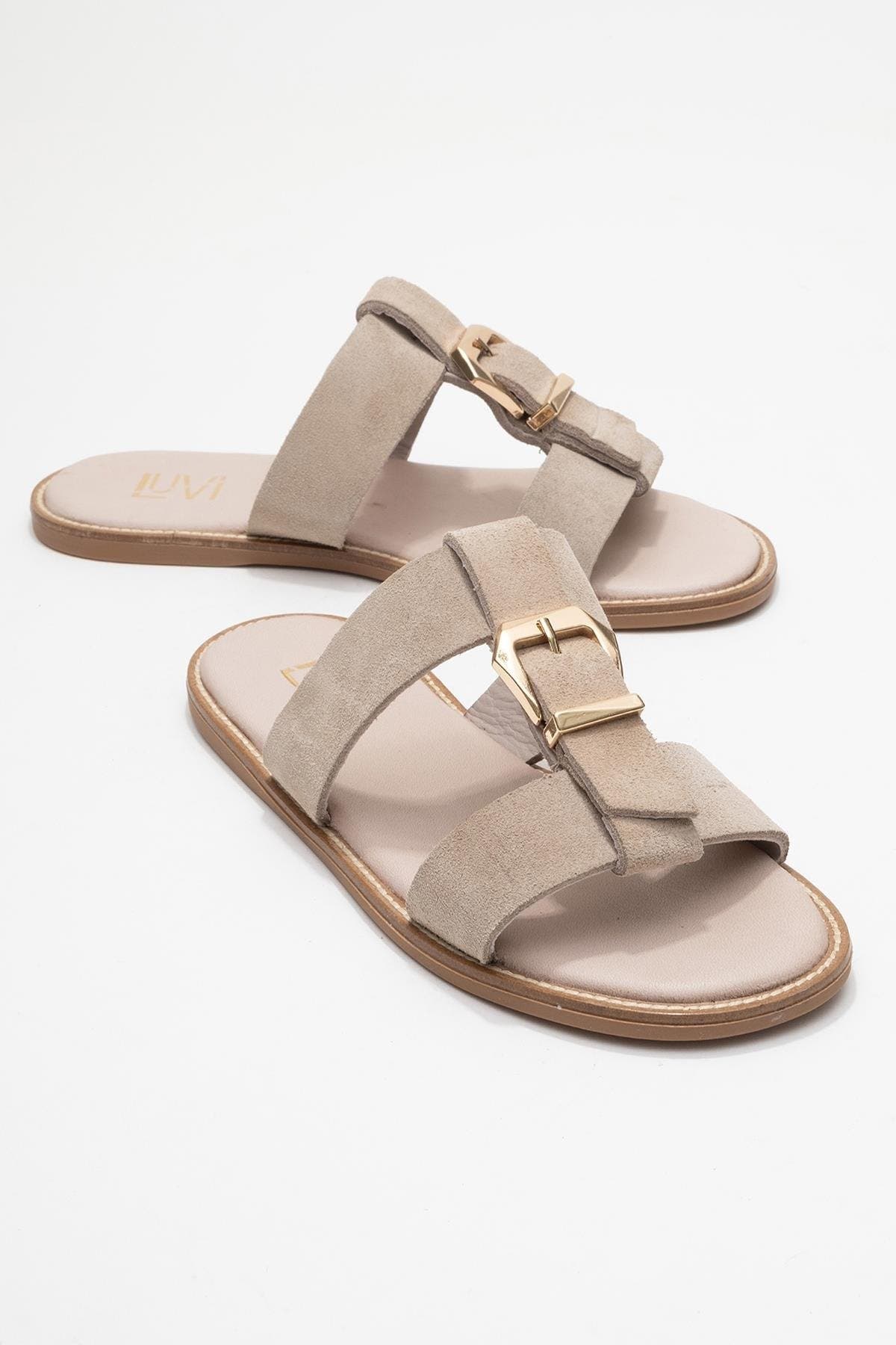 Sveta Leather Buckled Sandal, Alternate, color, Beige Suede Leather