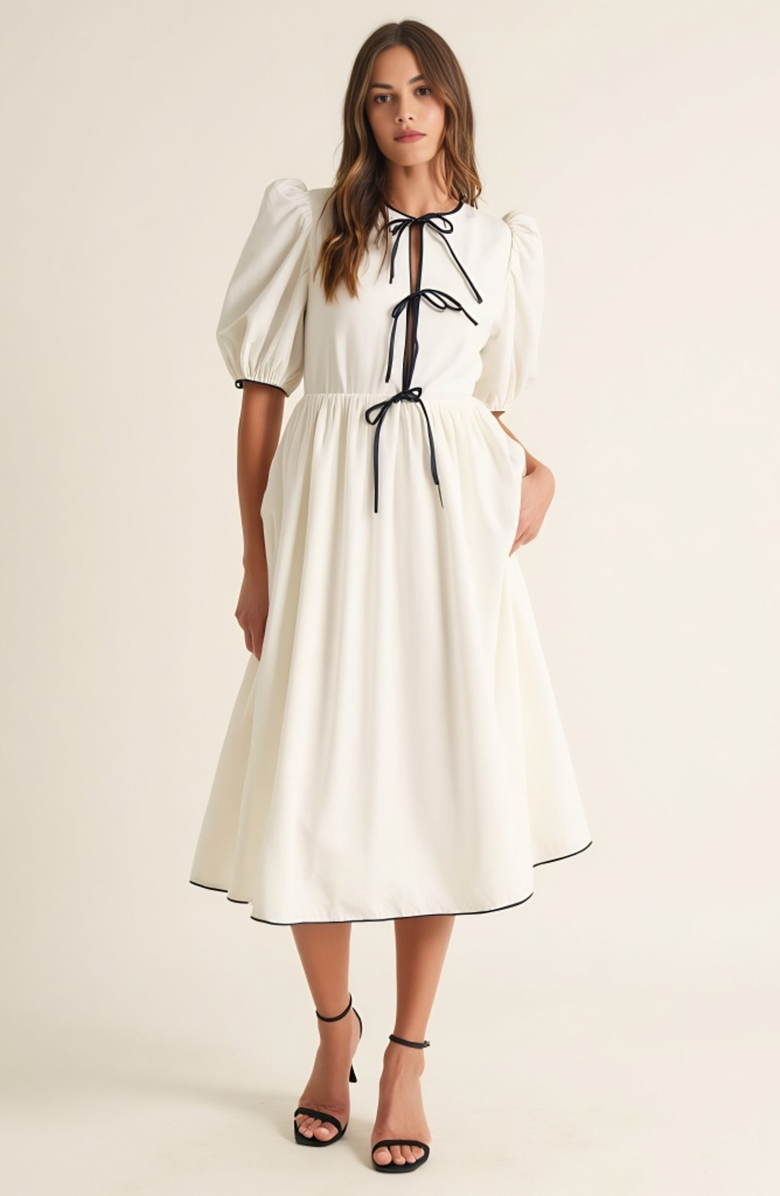 Modenaire Puff Sleeve Midi Dress with Tiered Front Ties and Contrast Trim, Alternate, color, White / Black Trim