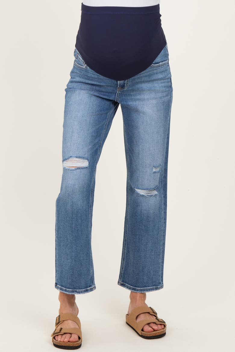 Distressed Open Knee Ankle Straight Leg Maternity Jeans, Alternate, color, Blue