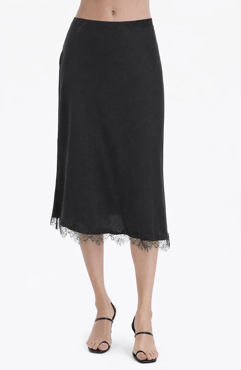 Lace Trim Satin Midi Skirt