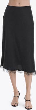 TASH AND SOPHIE Lace Trim Satin Midi Skirt