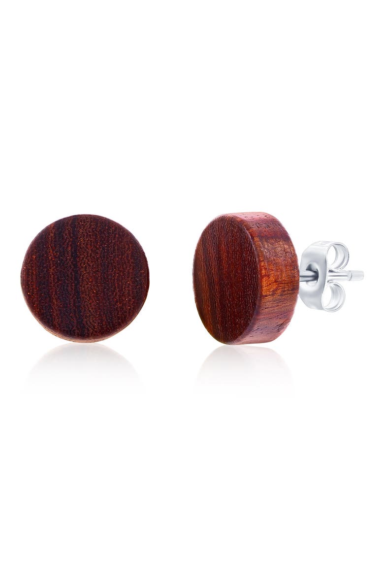Men's Wood Stud Earrings, Main, color, BROWN