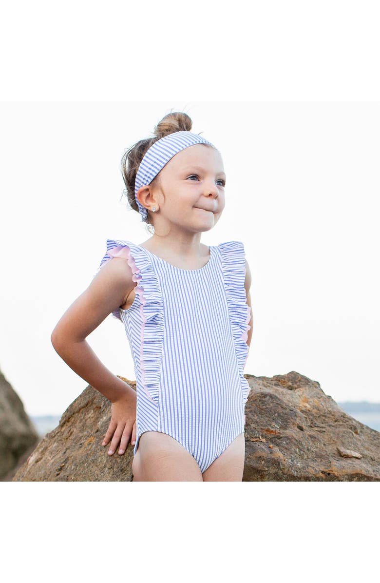 RuffleButts Girls Seersucker Waterfall One Piece, Alternate, color, Periwinkle Blue Seersucker