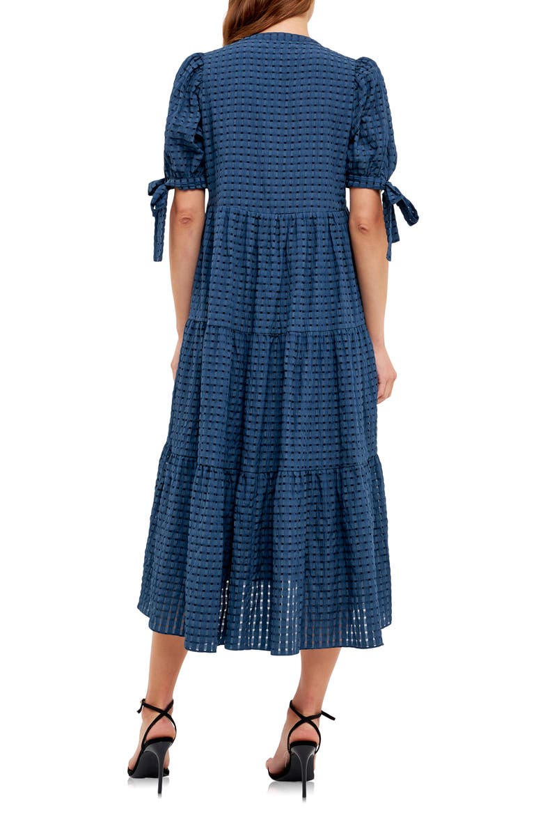 Gingham Tiered Midi Dress, Alternate, color, NAVY