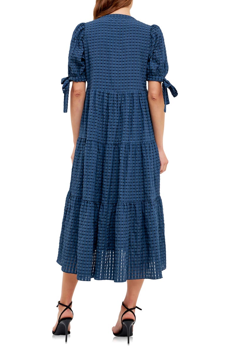 English Factory Gingham Tiered Midi Dress, Alternate, color, Navy