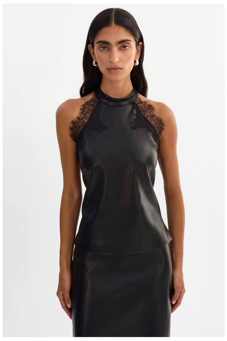 GINNY | Laced Faux Leather Top, Main, color, Black