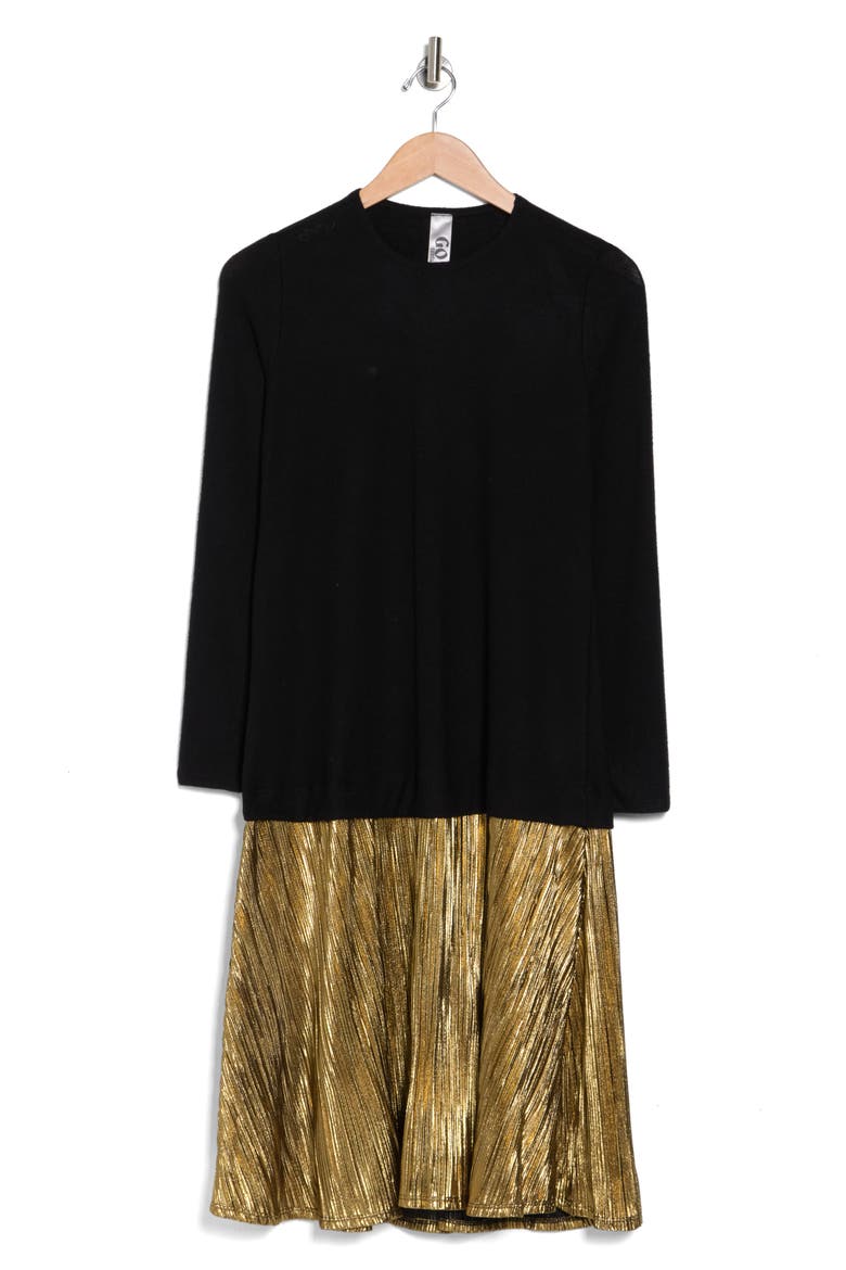 Long Sleeve Metallic Skirt Mixed Media Dress, Alternate, color, BLACK GOLD