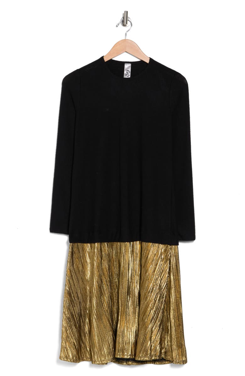 GO COUTURE Long Sleeve Metallic Skirt Mixed Media Dress, Alternate, color, Black Gold