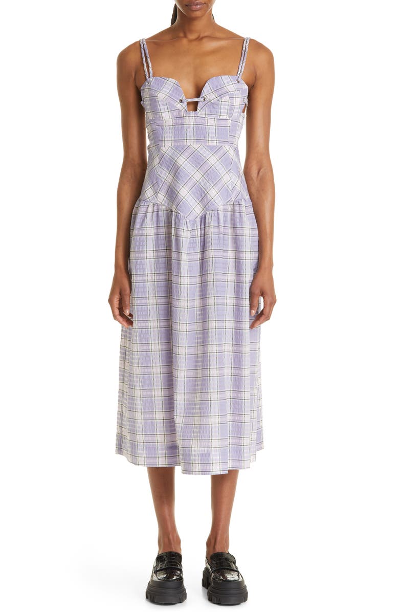 Ganni Check Organic Cotton Blend Seersucker Sundress, Main, color,