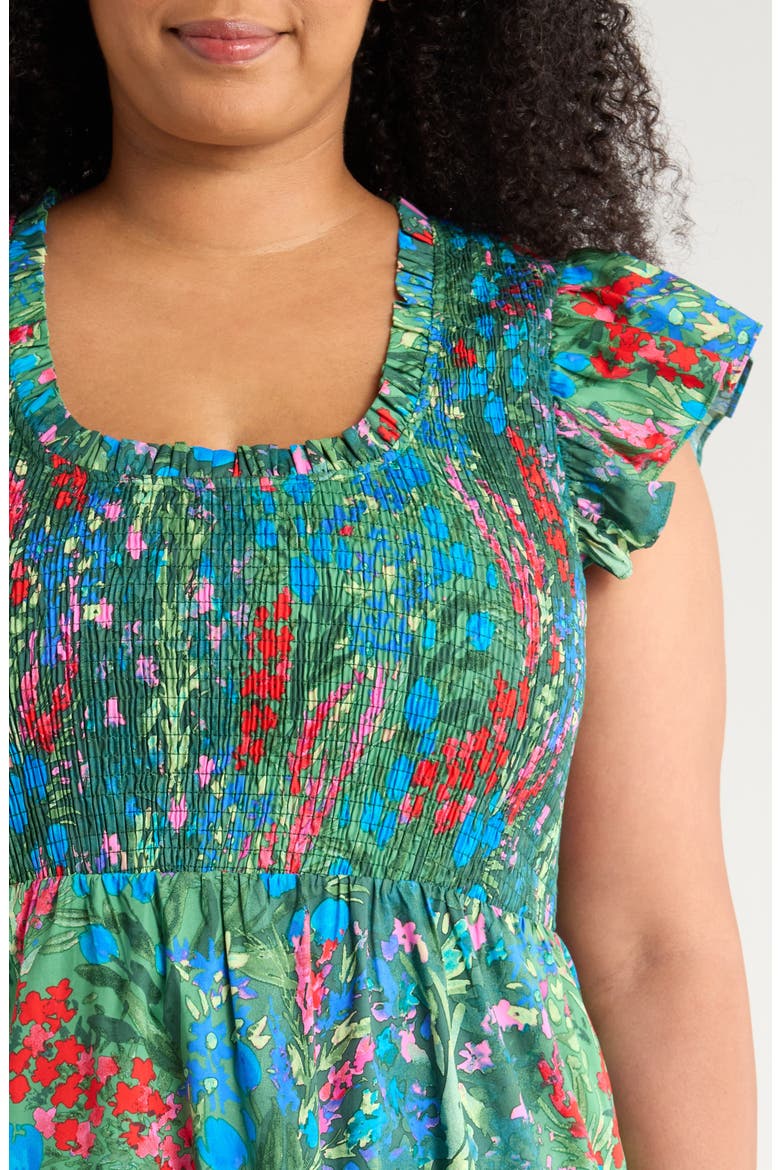 Devin Floral Glare Smocked Cotton Maxi Dress, Alternate, color, BLUE-GREENS