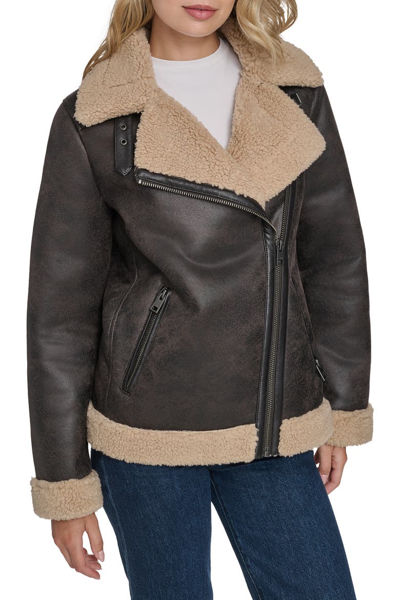 Faux Shearling Lined Faux Leather Moto Jacket, Main, color, MOLASSES