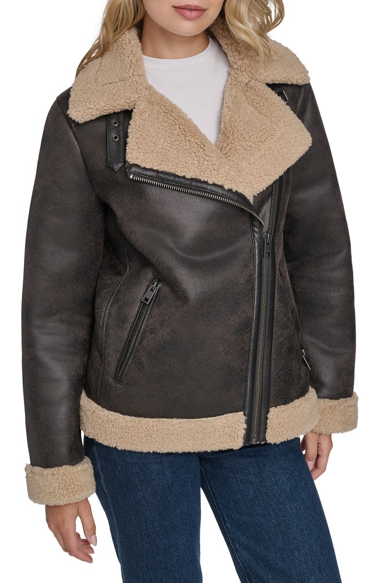 Levi's Faux Shearling Lined Faux Leather Moto Jacket, Main, color, Mole/ Sesame