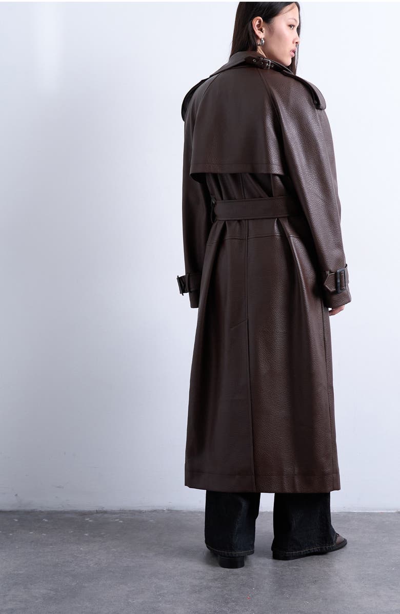 Topshop Pebble Faux Leather Trench Coat, Alternate, color, Brown