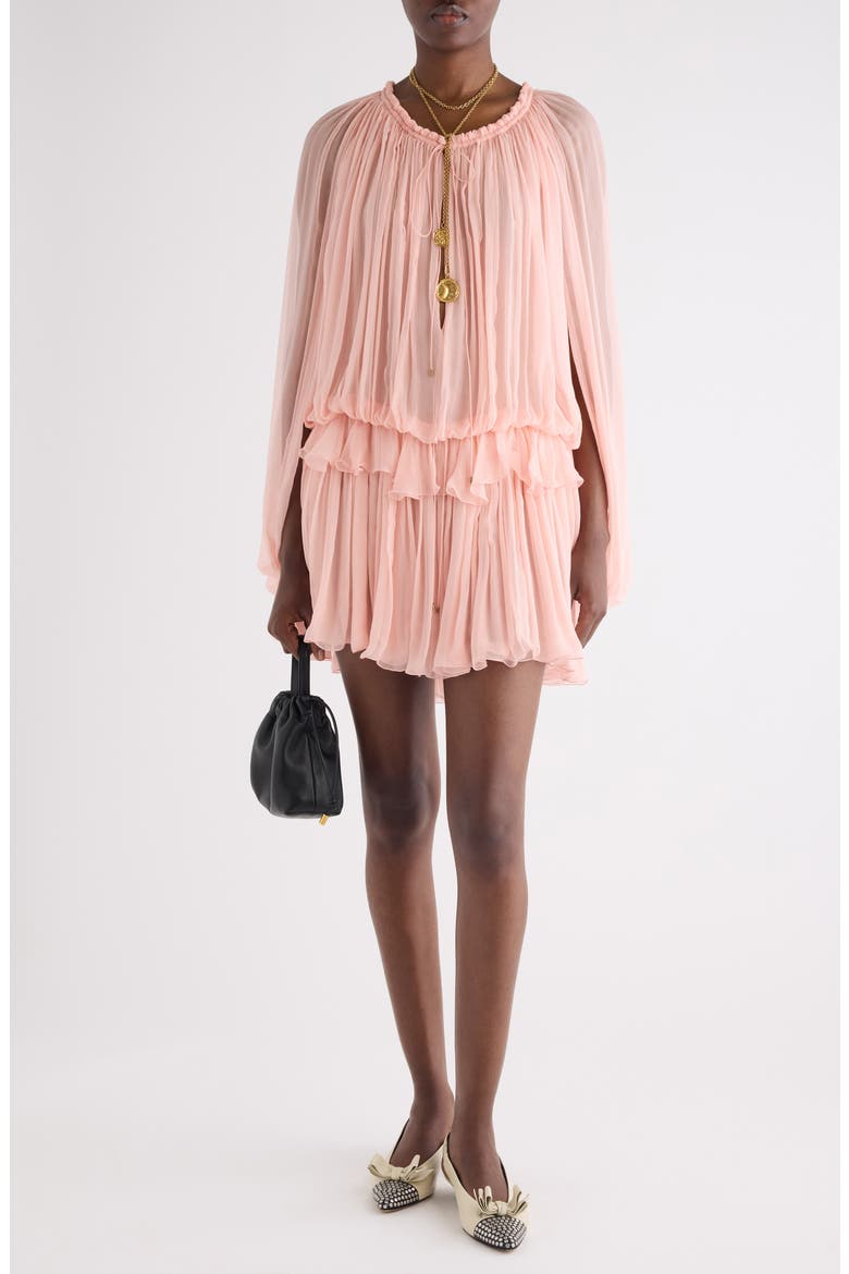 Long Sleeve Organic Silk Muslin Cape Minidress, Alternate, color, TAN ROSE