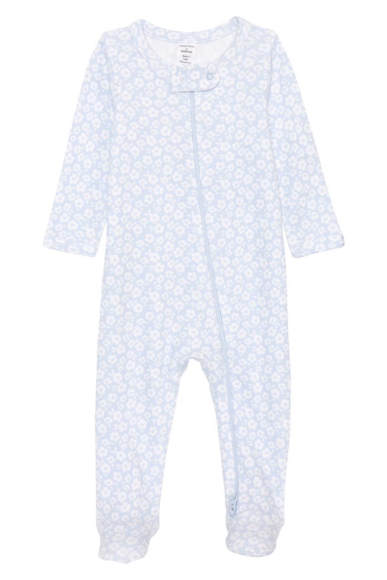 Print Cotton Footie, Main, color, BLUE FEATHER DITSY