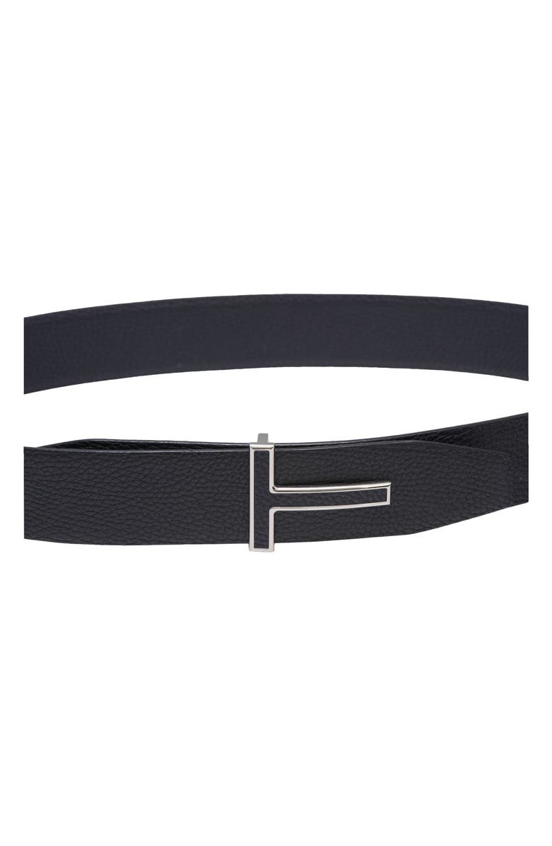 TOM FORD Logo Grained Leather Belt, Alternate, color, Dark Navy