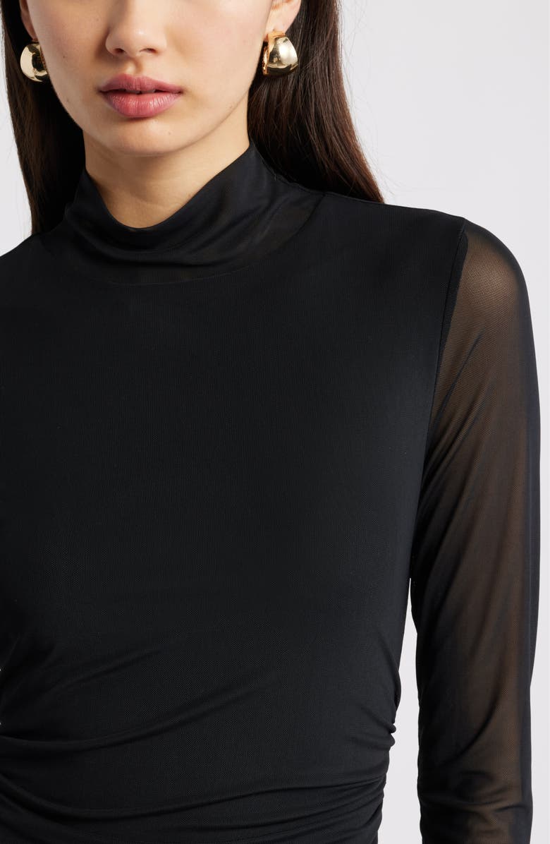 Open Edit Mock Neck Long Sleeve Mesh Maxi Dress, Alternate, color, Black