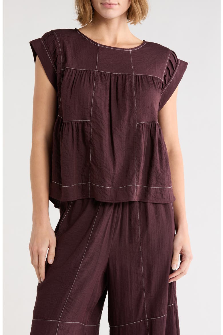 Crinkled Cap Sleeve Babydoll Crop Top, Main, color, CHOCOLATE/ IVORY