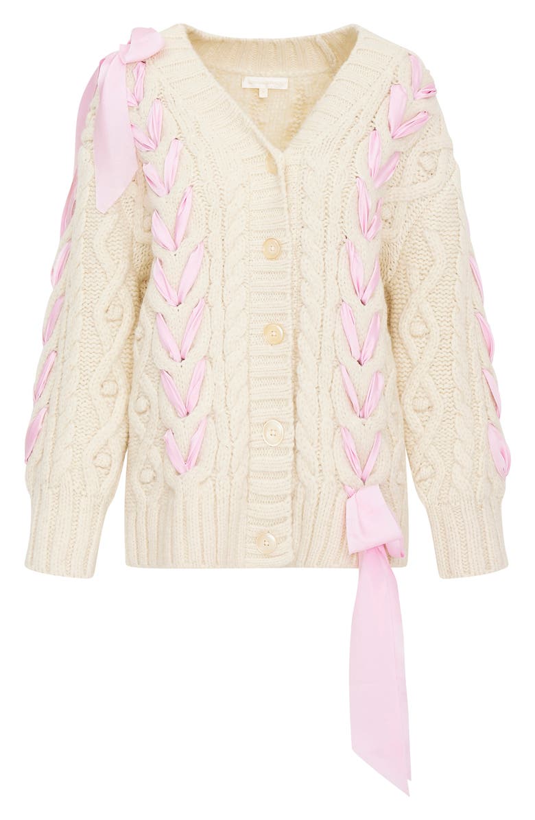 LoveShackFancy Kassius Ribbon Detail Alpaca Blend Cable Cardigan, Alternate, color, 