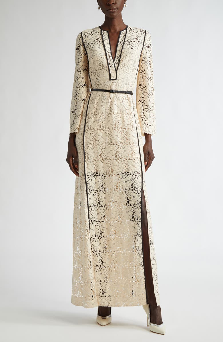 ST. JOHN Belted Floral Guipure Lace Gown, Main, color, 