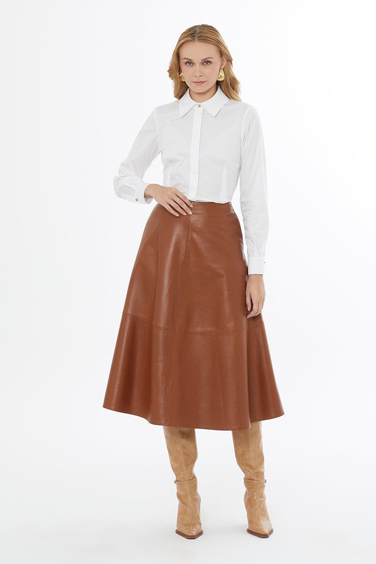 Lambskin Leather Flared Skirt with Back Zip