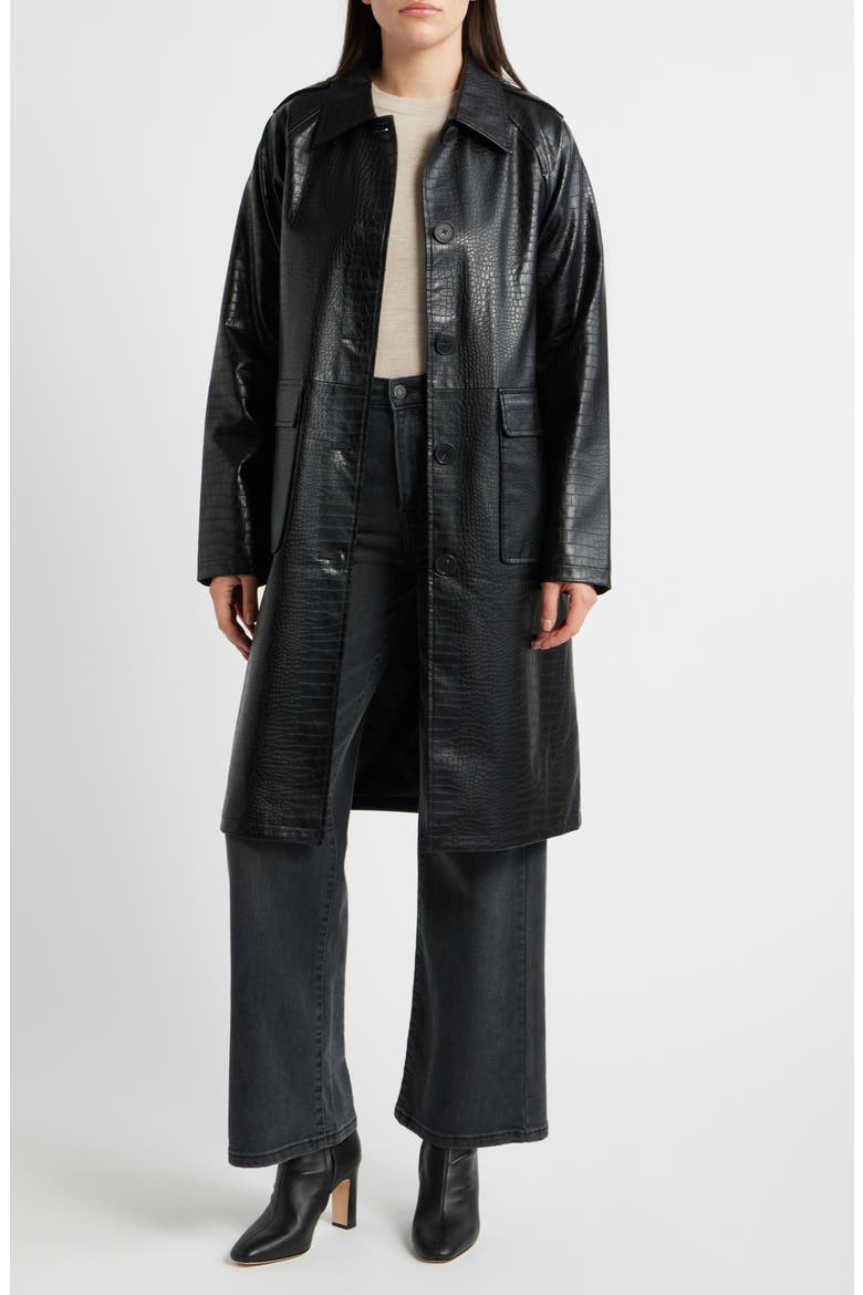 Croc Embossed Faux Leather Trench Coat, Main, color, BLACK