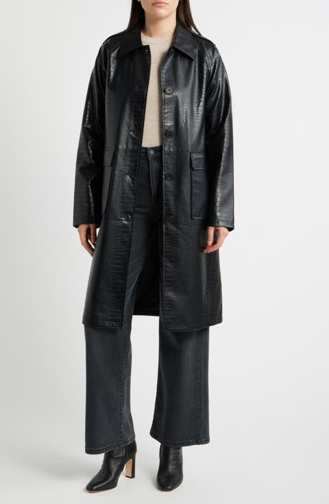Croc Embossed Faux Leather Trench Coat