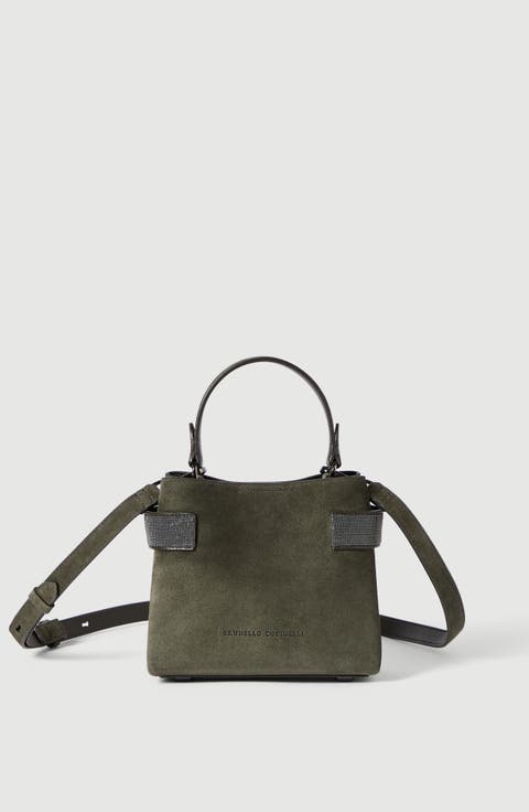 Essence small top-handle bag in suede with precious bands