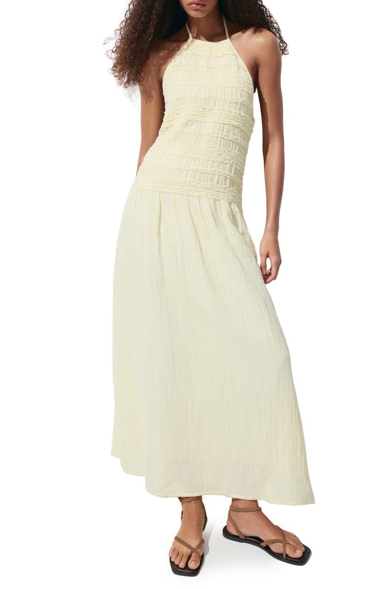 Smocked Crinkle Halter Midi Dress, Main, color, PASTEL YELLOW