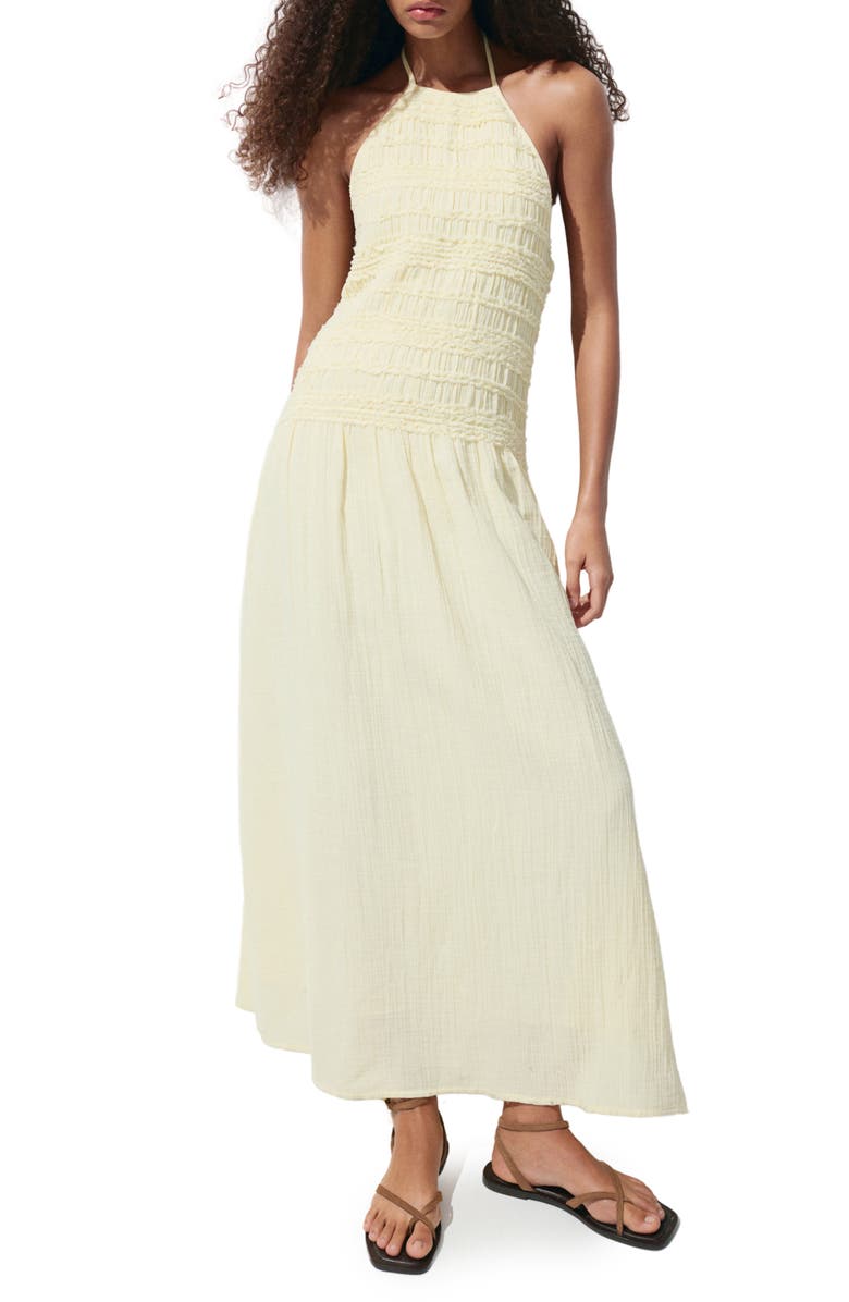 MANGO Smocked Crinkle Halter Midi Dress, Main, color, Pastel Yellow