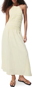 MANGO Smocked Crinkle Halter Midi Dress