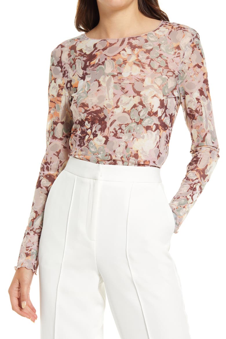 Print Mesh Top, Main, color, PINK PAINTED FLORAL