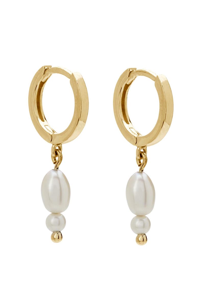 Double Pearl Huggies, Main, color, Yellow Gold