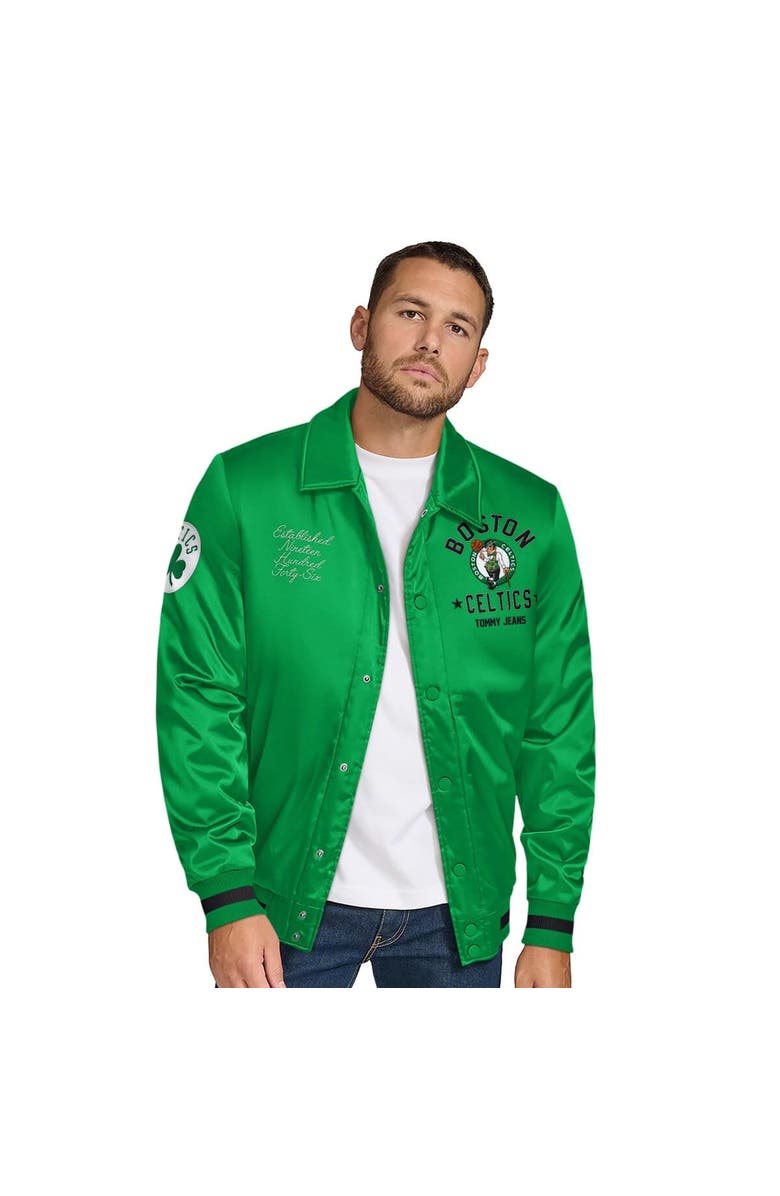 TOMMY JEANS Men's Tommy Jeans Kelly Green Boston Celtics Jacob Chain Stitch Applique Full-Snap Varsity Jacket, Main, color, Kelly Green