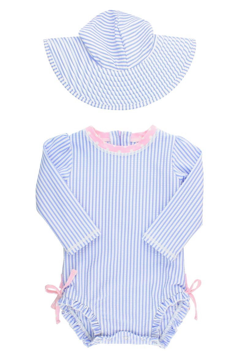 Seersucker One-Piece Rashguard Swimsuit & Hat Set, Main, color, BLUE