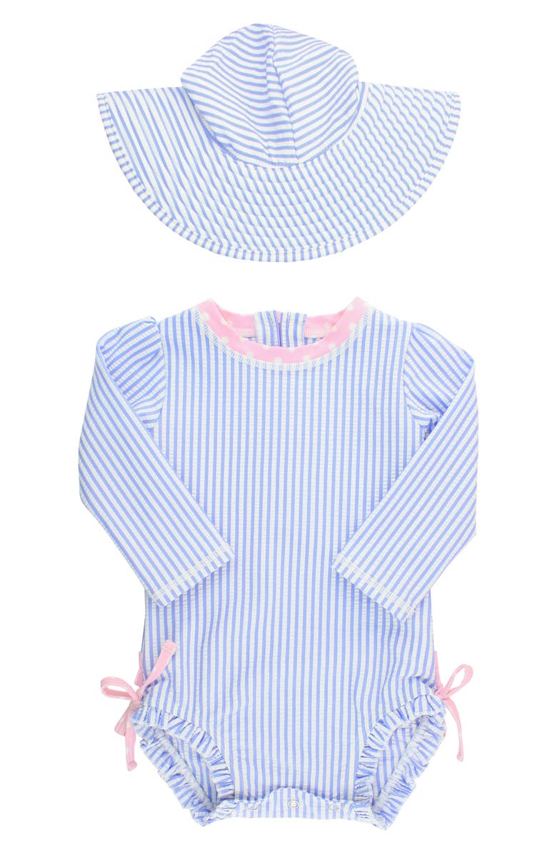 RuffleButts Seersucker One-Piece Rashguard Swimsuit & Hat Set, Main, color,
