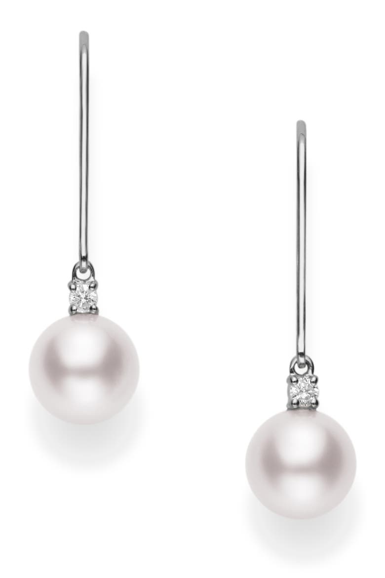 Akoya Pearl & Diamond Linear Earrings, Main, color, WHITE GOLD