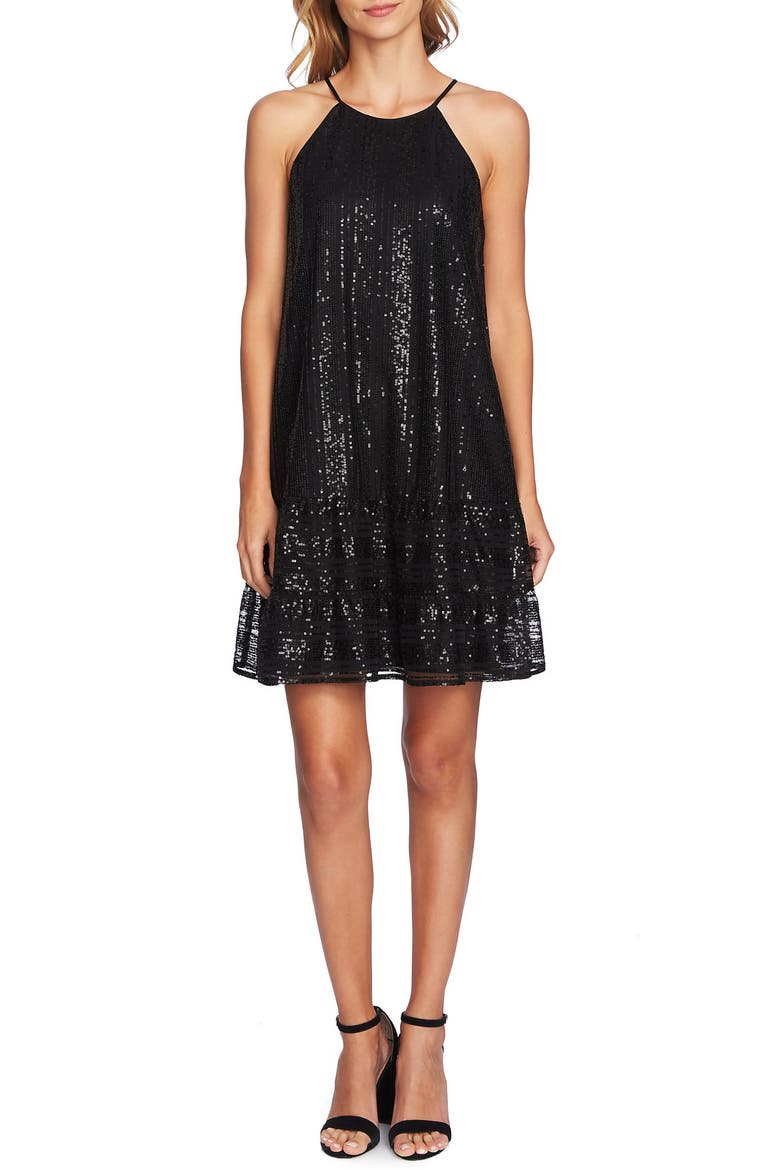 Sequin Ruffle Trim Dress, Main, color, RICH BLACK