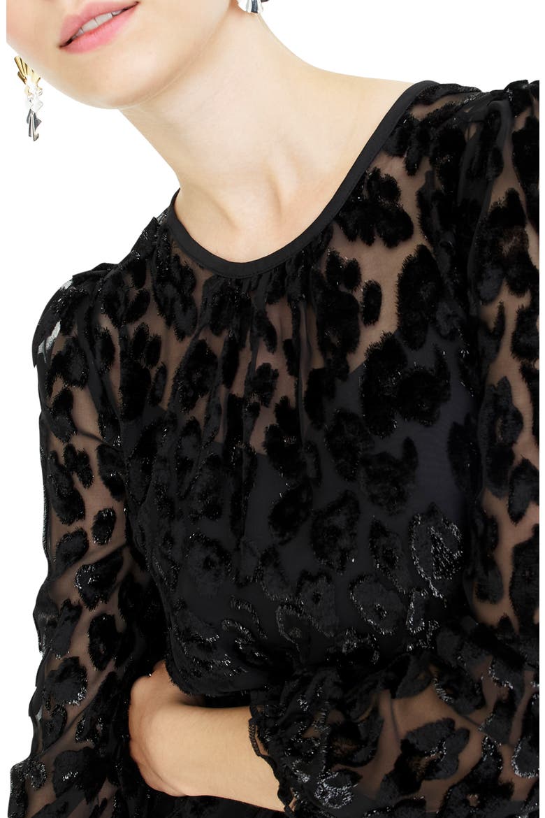 Leopard Flutter Hem Burnout Velvet Dress, Alternate, color, BLACK