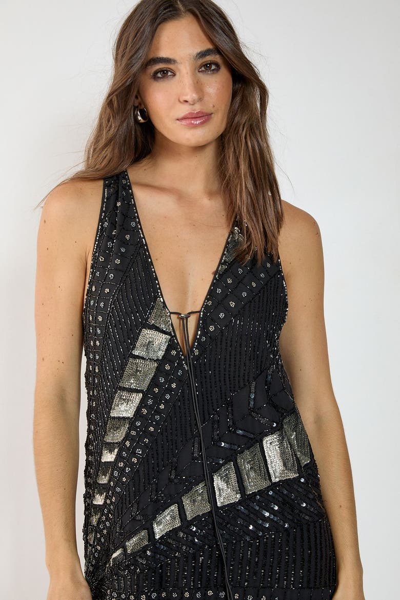 Plunge Sequin Mini Dress, Alternate, color, Black