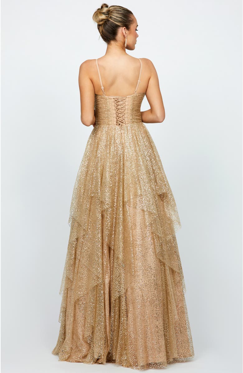 Bariano Brylee Glitter Ball Gown, Alternate, color, Gold