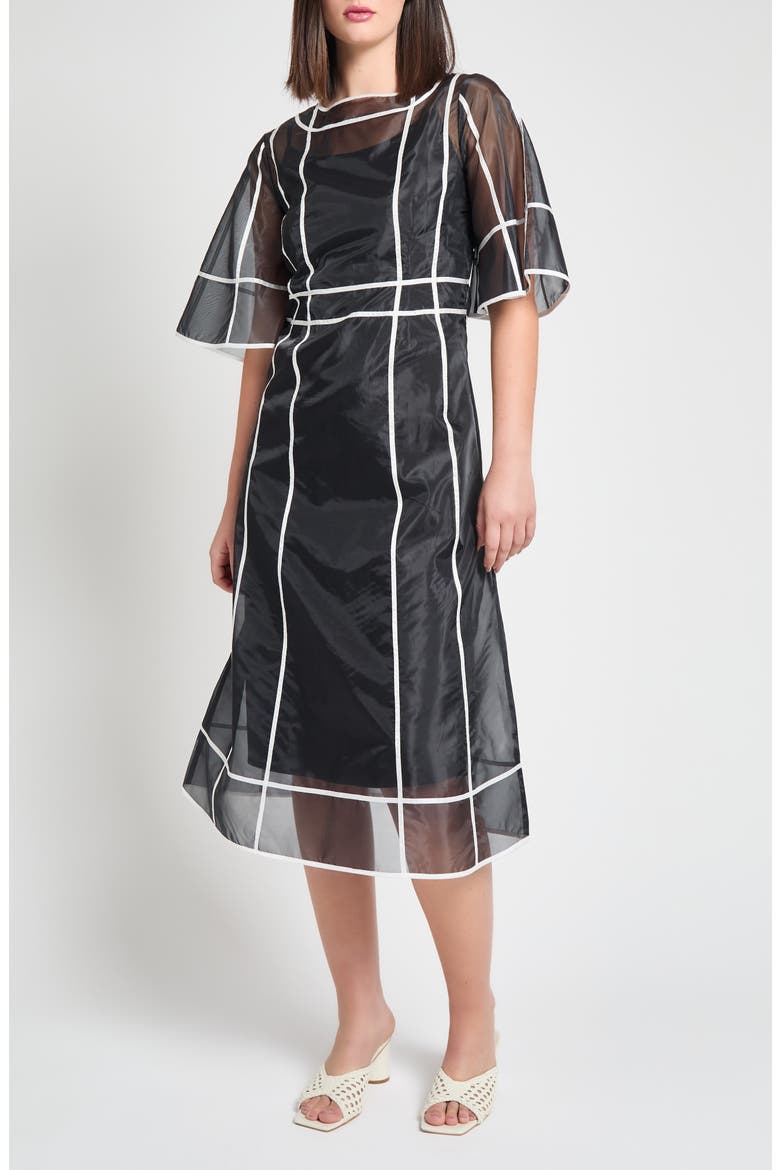 Modern Fit Organza Contrast Stripe A-Line Midi Dress, Main, color, BLACK/ WHITE