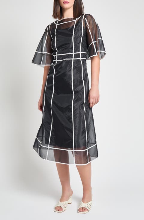 Modern Fit Organza Contrast Stripe A-Line Midi Dress