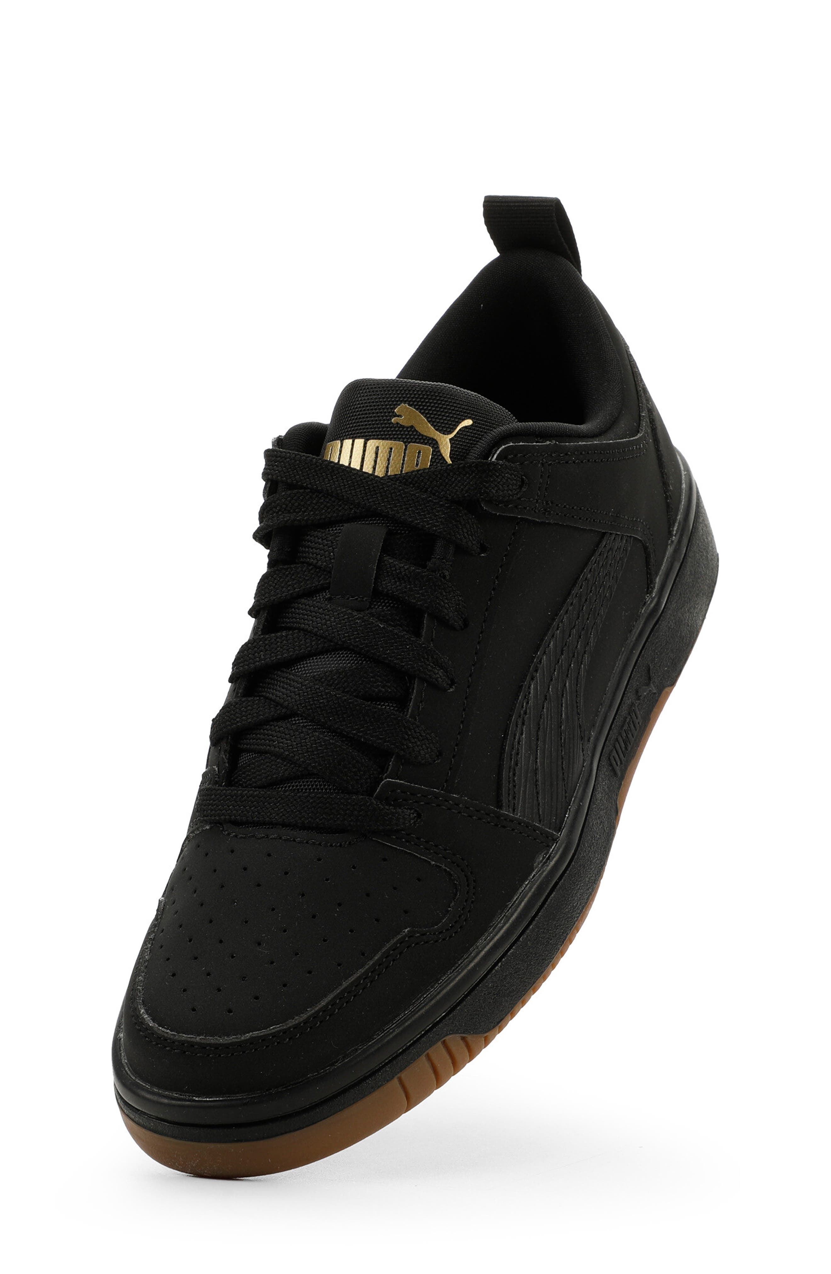 PUMA Kids' Rebound Layup Low Top Sneaker, Alternate, color, Puma Black/ Puma Gold