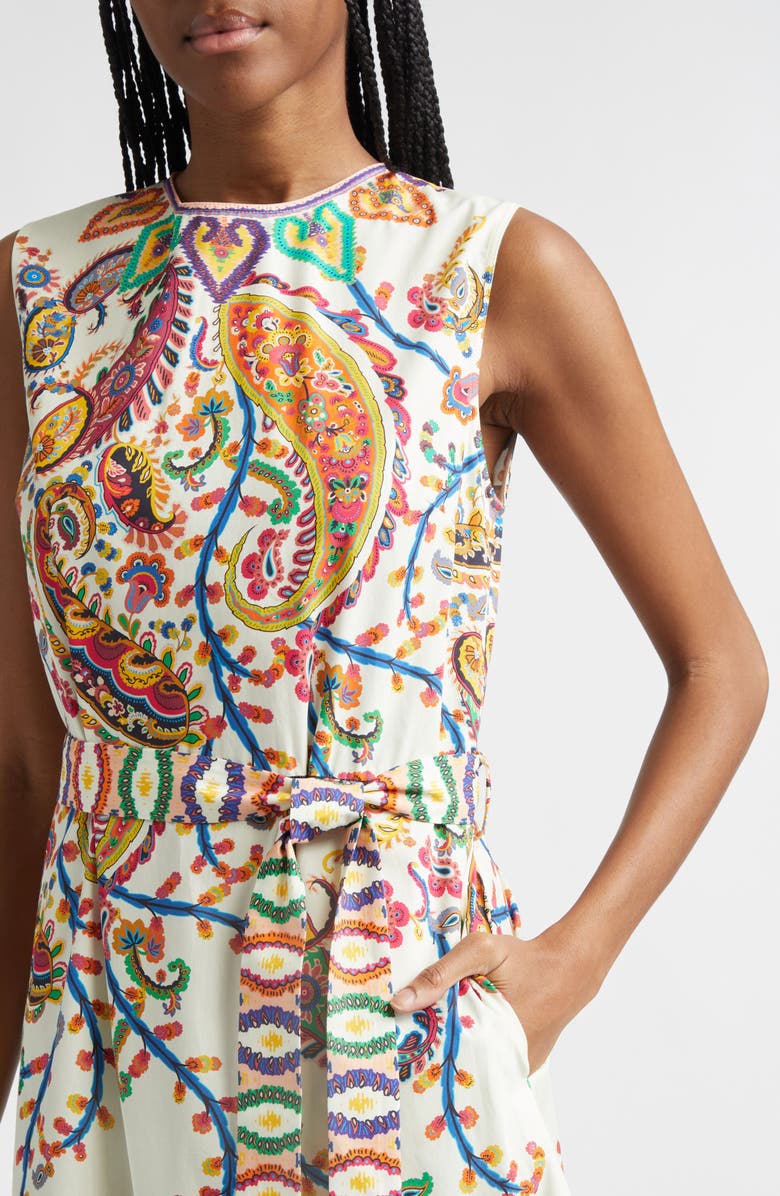 Etro Floral Paisley Belted Cotton Poplin Fit & Flare Dress, Alternate, color, Print On White Base