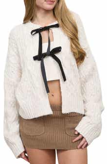 Blu Pepper Velvet Bow Cable Stitch Cardigan