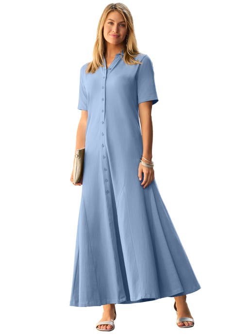 Stretch Cotton Button Front Maxi Dress (Plus)