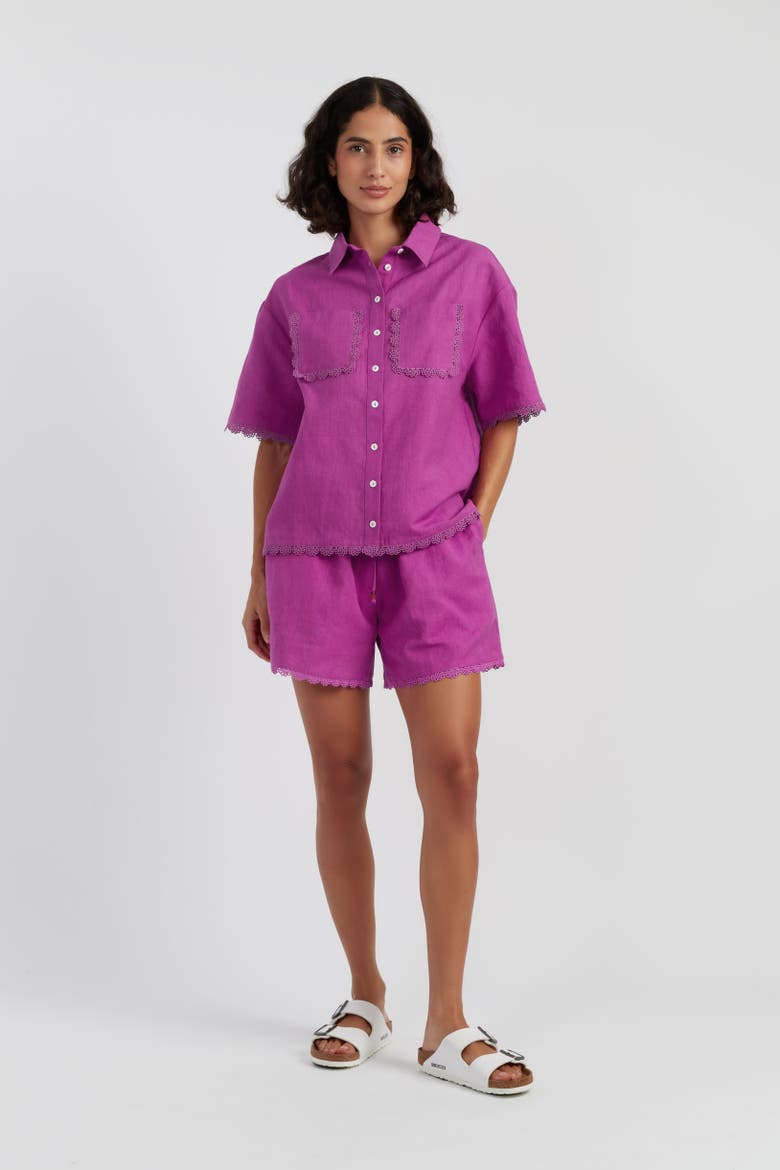 Sienna Linen-Blend Scallop Edge Shorts, Alternate, color, Magenta